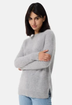 Brushed Kaschmir Rundhals Pullover mit Seitenschlitzen hellgrau