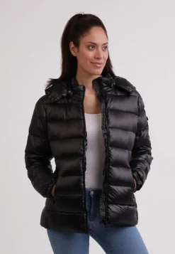Daunenjacke mit Kapuze und Kaschmirfutter in glänzender Optik schwarz