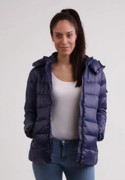 Daunenjacke mit Kapuze und Kaschmirfutter in glänzender Optik navy