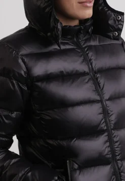 Daunenjacke mit Kapuze und Kaschmirfutter in glänzender Optik schwarz