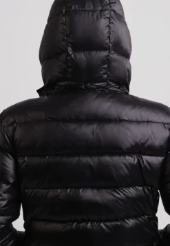 Daunenjacke mit Kapuze und Kaschmirfutter in glänzender Optik schwarz