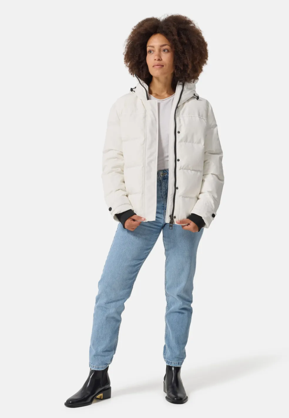 Daunenparka mit Kapuze und Kaschmirfutter weiss