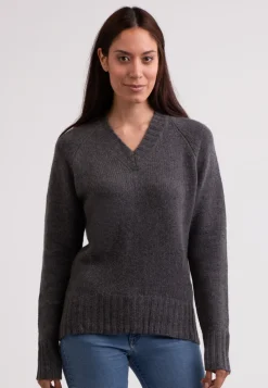 Grobgestrickter Recycelter Kaschmir V-Ausschnitt Pullover mittel anthrazit