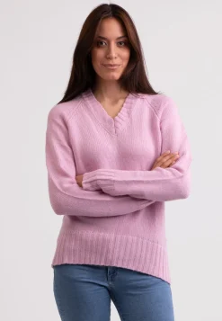Grobgestrickter Recycelter Kaschmir V-Ausschnitt Pullover rosa