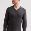 Grobgestrickter Recycelter Kaschmir V-Ausschnitt Pullover mittel anthrazit