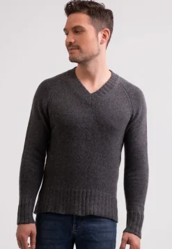 Grobgestrickter Recycelter Kaschmir V-Ausschnitt Pullover mittel anthrazit
