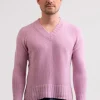 Grobgestrickter Recycelter Kaschmir V-Ausschnitt Pullover rosa