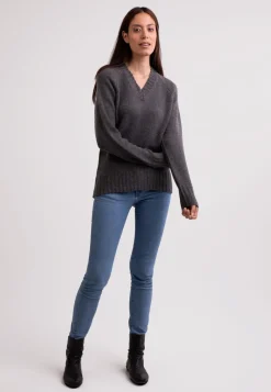 Grobgestrickter Recycelter Kaschmir V-Ausschnitt Pullover mittel anthrazit