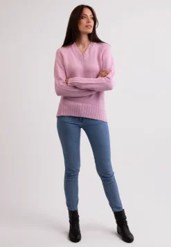 Grobgestrickter Recycelter Kaschmir V-Ausschnitt Pullover rosa