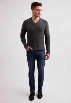 Grobgestrickter Recycelter Kaschmir V-Ausschnitt Pullover mittel anthrazit