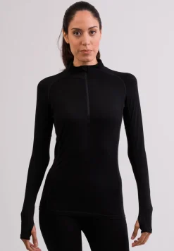 High Performance Kaschmir Sportwäsche Langarm-Shirt mit Stehkragen und Half-Zip schwarz