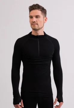 High Performance Kaschmir Sportwäsche Langarm-Shirt mit Stehkragen und Half-Zip schwarz