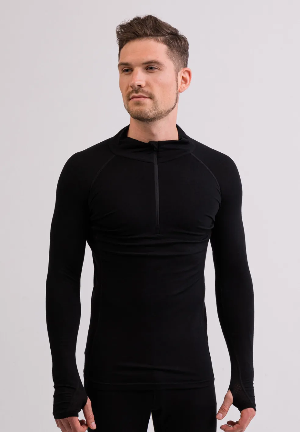 High Performance Kaschmir Sportwäsche Langarm-Shirt mit Stehkragen und Half-Zip schwarz