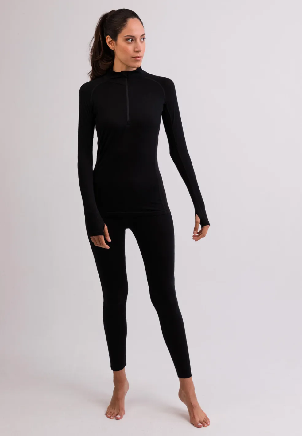 High Performance Kaschmir Sportwäsche Langarm-Shirt mit Stehkragen und Half-Zip schwarz