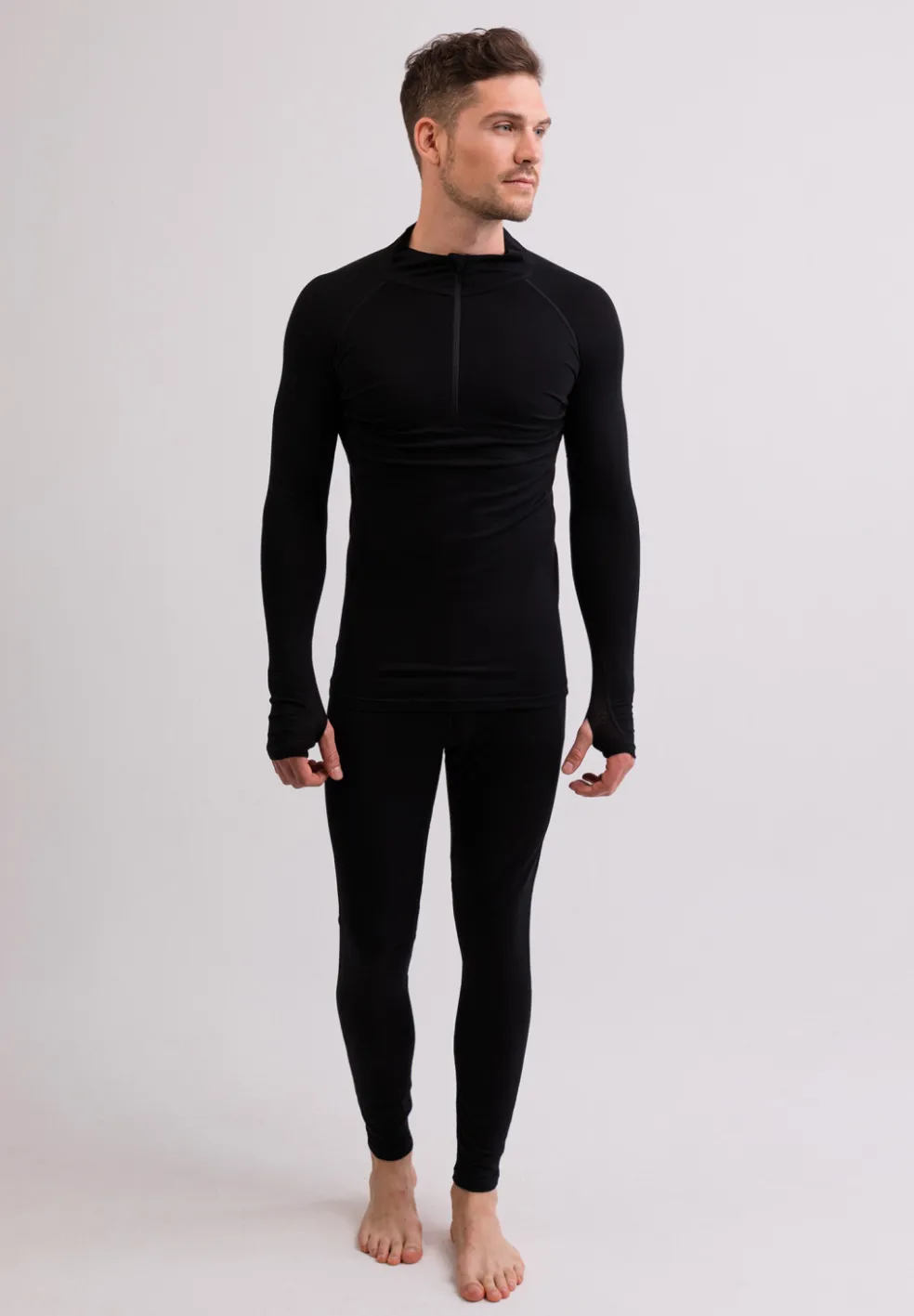 High Performance Kaschmir Sportwäsche Langarm-Shirt mit Stehkragen und Half-Zip schwarz
