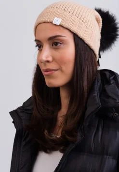 Kaschmir Mütze mit Bommel camel