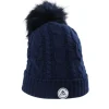Kaschmir Mütze mit Zopfmuster und Bommel marine blau