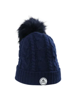 Kaschmir Mütze mit Zopfmuster und Bommel marine blau