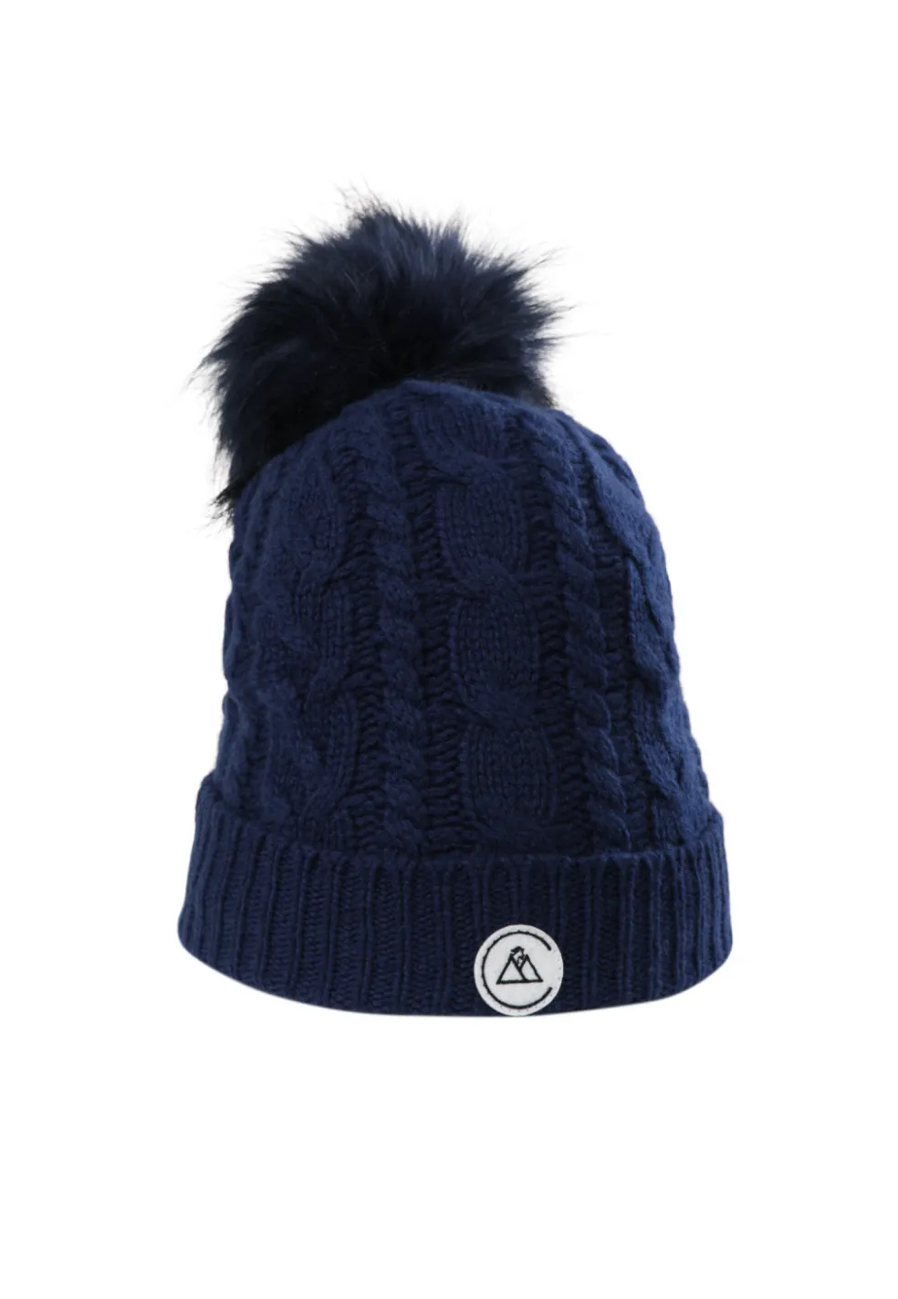 Kaschmir Mütze mit Zopfmuster und Bommel marine blau