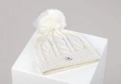Kaschmir Mütze mit Zopfmuster und Bommel weiss