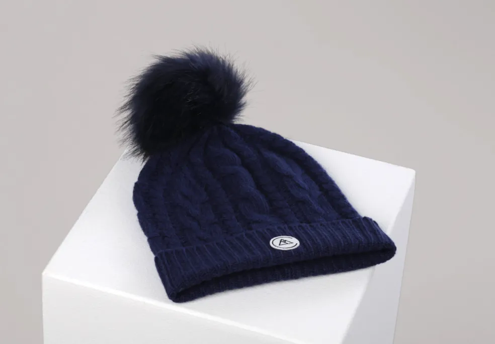 Kaschmir Mütze mit Zopfmuster und Bommel marine blau