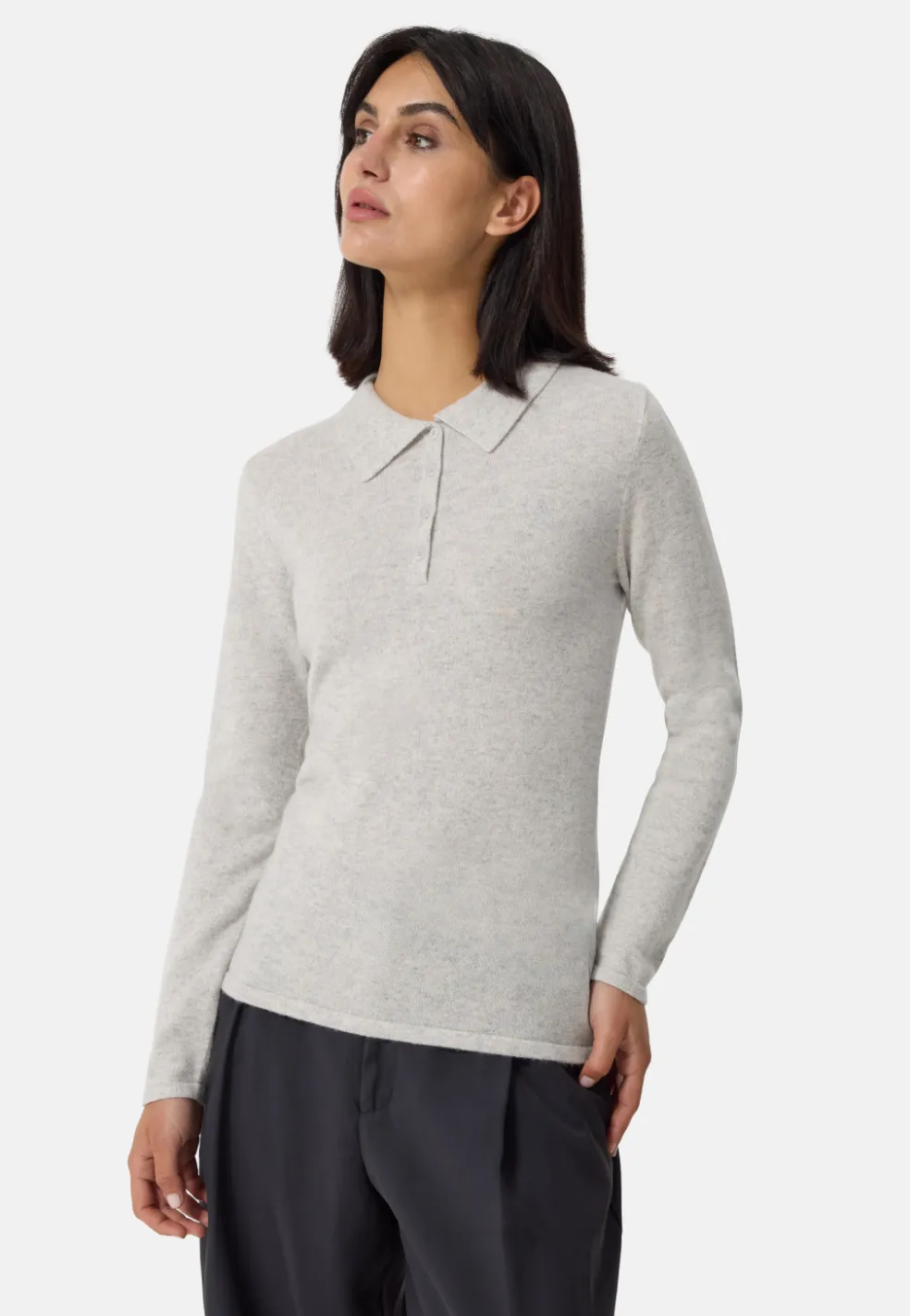 Kaschmir Poloshirt Langarm hellgrau melange