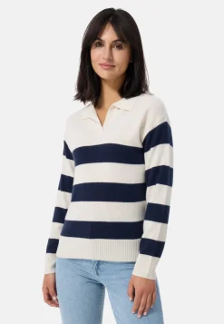 Kaschmir Pullover mit Polokragen gestreift weiss und marine blau