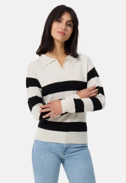 Kaschmir Pullover mit Polokragen gestreift weiss und schwarz