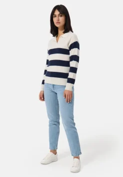Kaschmir Pullover mit Polokragen gestreift weiss und marine blau