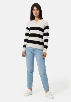 Kaschmir Pullover mit Polokragen gestreift weiss und schwarz