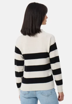 Kaschmir Pullover mit Polokragen gestreift weiss und schwarz