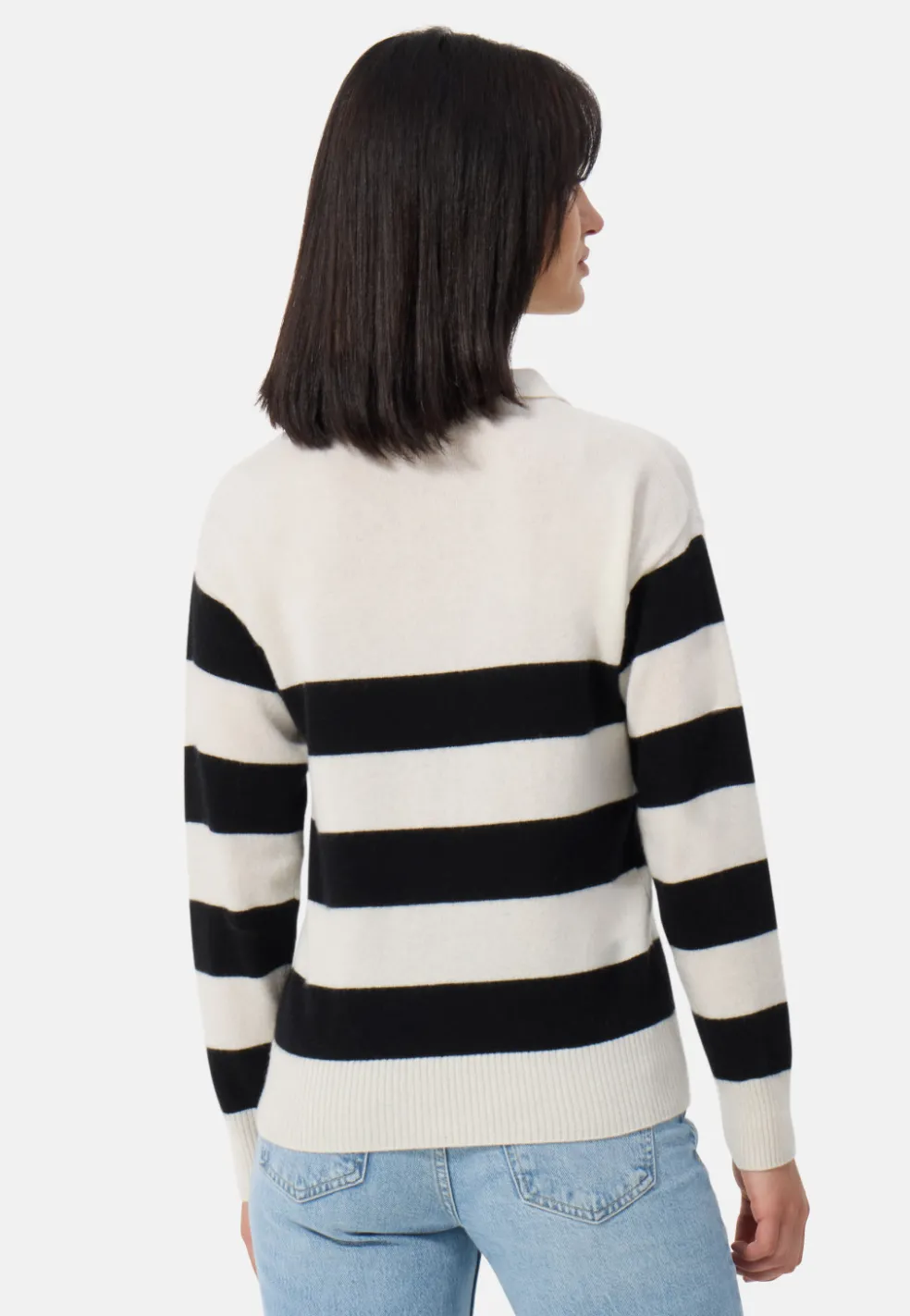 Kaschmir Pullover mit Polokragen gestreift weiss und schwarz