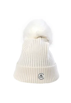 Kaschmir Rib Mütze mit Bommel weiss