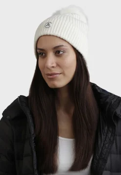 Kaschmir Rib Mütze mit Bommel weiss