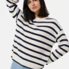 Kaschmir Rundhals Pullover gestreift weiss und marine blau