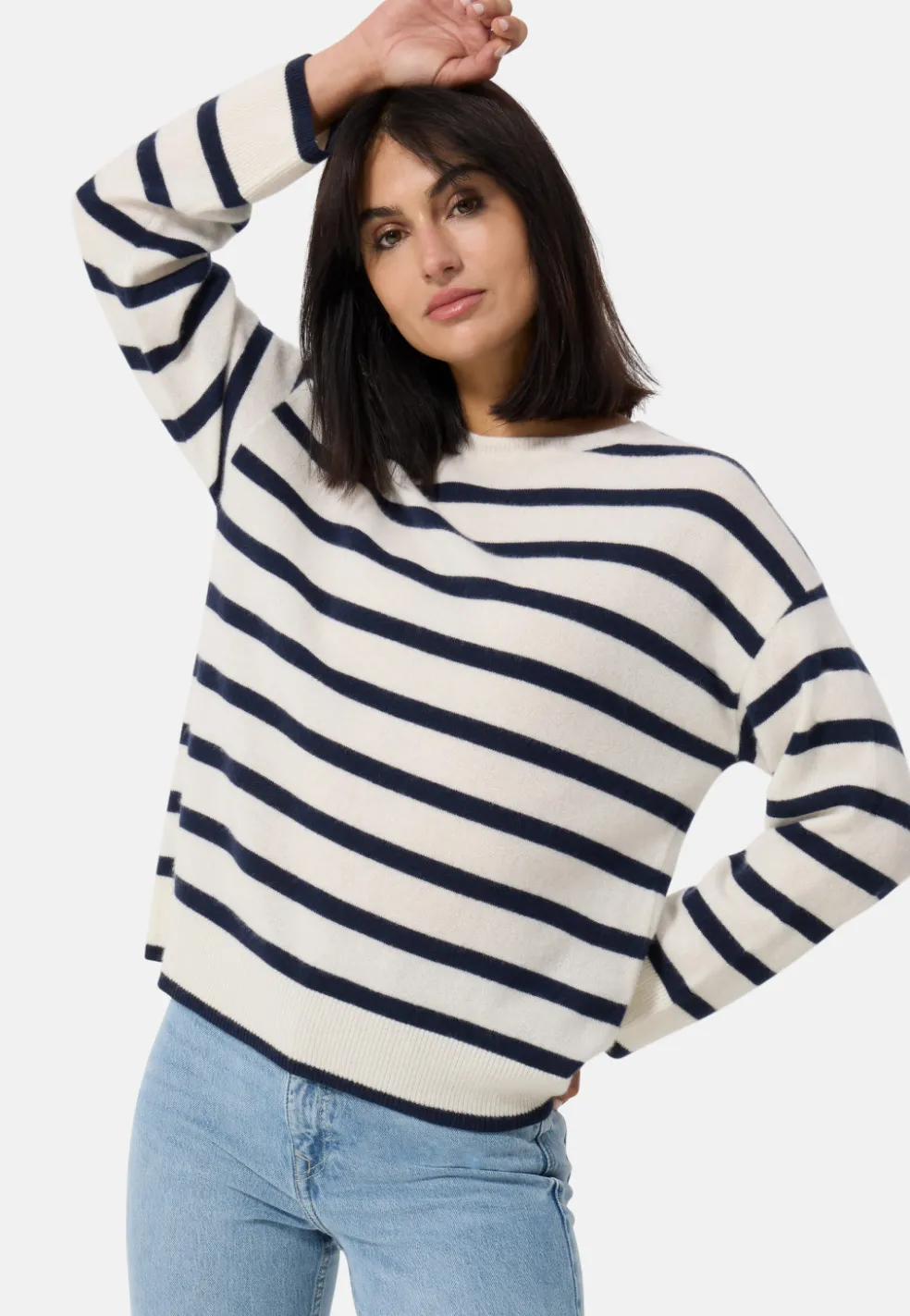 Kaschmir Rundhals Pullover gestreift weiss und marine blau