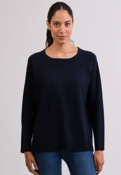 Kaschmir Rundhals Pullover mit Seitenschlitzen marine blau