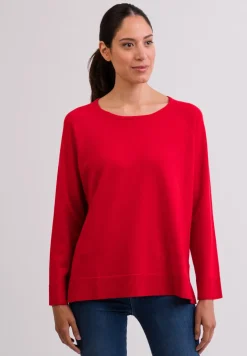 Kaschmir Rundhals Pullover mit Seitenschlitzen rot