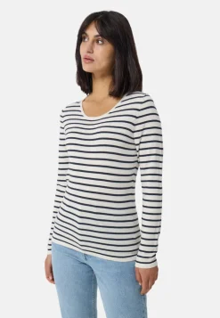 Kaschmir Rundhals Pullover gestreift weiss und marine blau (Frühling)