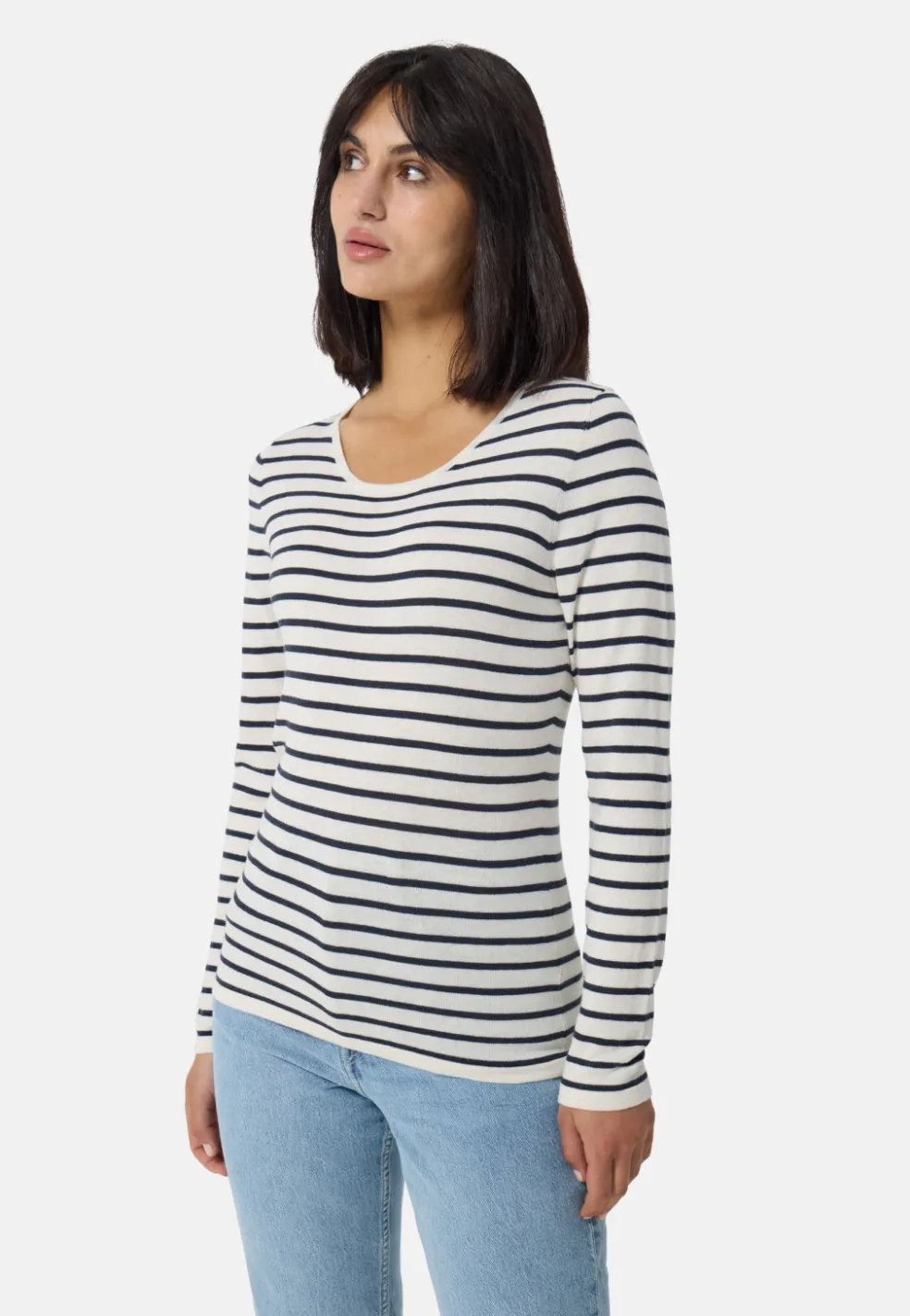 Kaschmir Rundhals Pullover gestreift weiss und marine blau (Frühling)