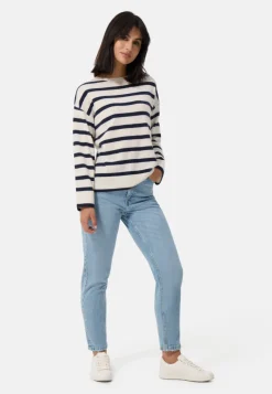 Kaschmir Rundhals Pullover gestreift weiss und marine blau