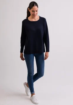 Kaschmir Rundhals Pullover mit Seitenschlitzen marine blau