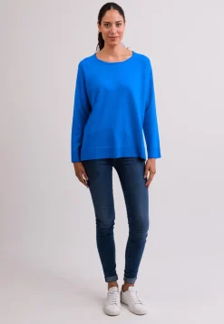 Kaschmir Rundhals Pullover mit Seitenschlitzen dazzling blau