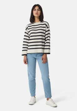 Kaschmir Rundhals Pullover gestreift schwarz und weiss