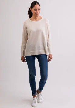 Kaschmir Rundhals Pullover mit Seitenschlitzen weiss
