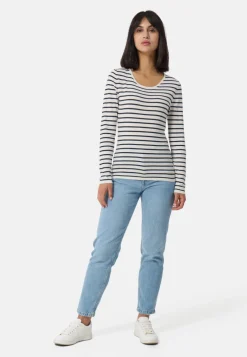 Kaschmir Rundhals Pullover gestreift weiss und marine blau (Frühling)
