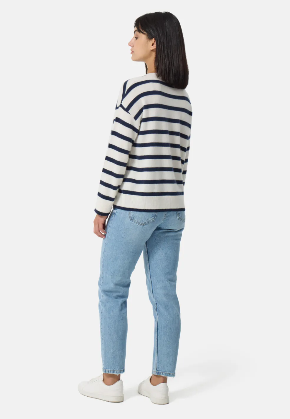 Kaschmir Rundhals Pullover gestreift weiss und marine blau