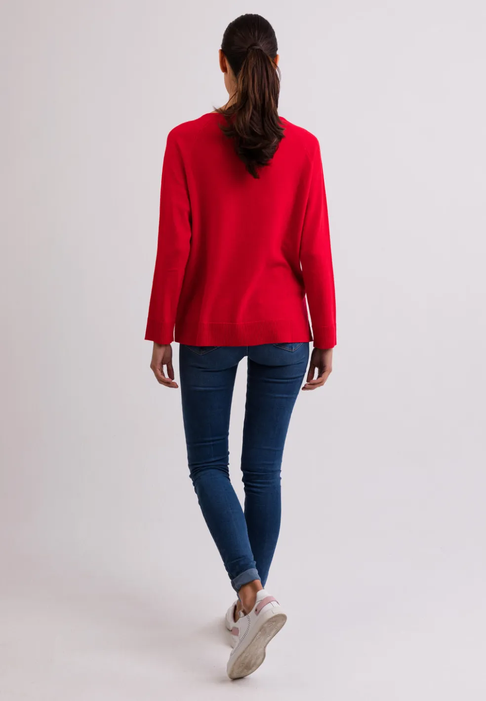 Kaschmir Rundhals Pullover mit Seitenschlitzen rot