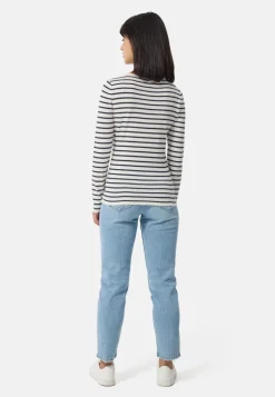 Kaschmir Rundhals Pullover gestreift weiss und marine blau (Frühling)
