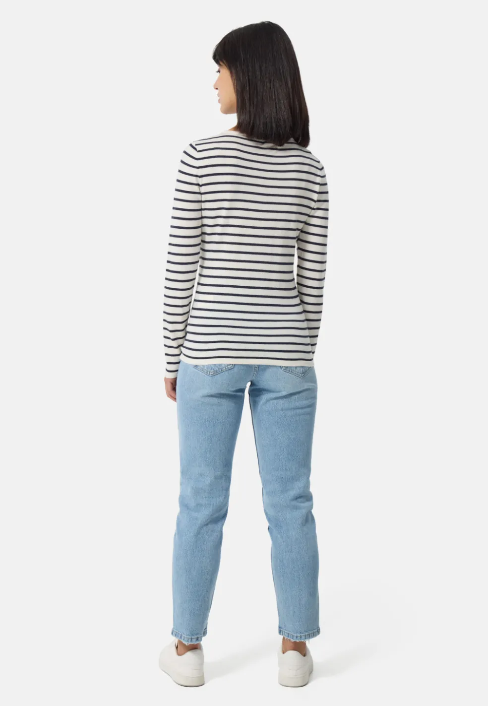 Kaschmir Rundhals Pullover gestreift weiss und marine blau (Frühling)